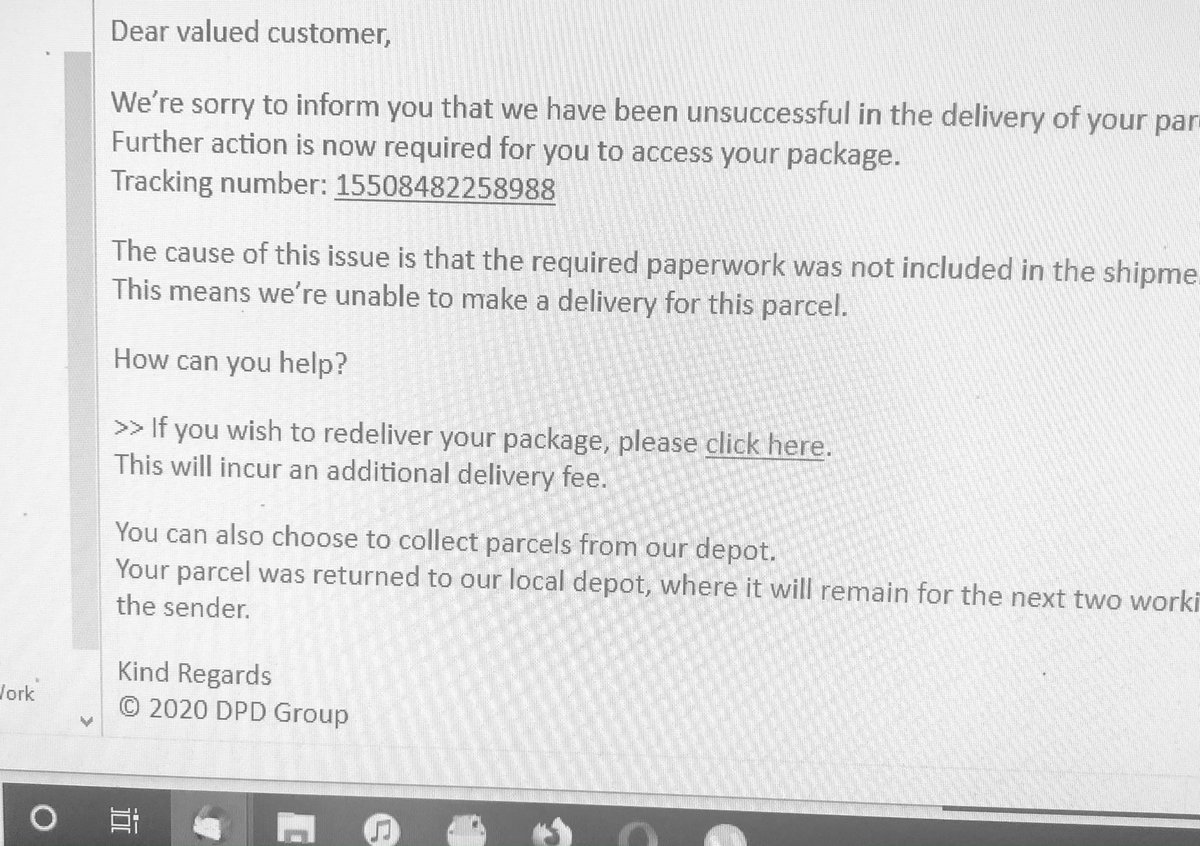 chronicknitting's tweet photo. Reminder to everyone: if you get this email, *don’t* click on any links, and delete it. I’ve had two already and at this time of year it’s very easy to get caught out. It’s a scam #dpdscam https://t.co/UHif9XNTUH