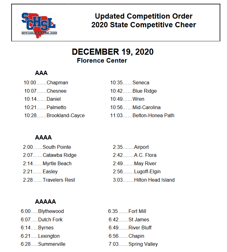 Competitive Cheer Schedule @ Florence Center <a href="/flocentersc/">FlorenceCenter</a>  Saturday, December 19, 2020