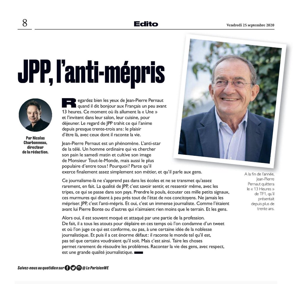 Cher <a href="/pernautjp/">Jean-Pierre Pernaut</a> .... Travailler à tes côtés quelques années a été un immense honneur, une chance et même, un privilège. Merci pour ton regard, merci pour ta bienveillance et ta curiosité, merci pour ton attention aux autres, tous les autres, qu’ils soient grands ou petits.. #JPP