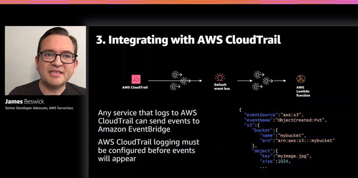 cloudbart's tweet photo. One of my favorite EventBridge sources is CloudTrail - so many security, compliance, and governance possibilities (get's better as CloudTrail events continue to expand)

Thanks for spreading the word @jbesw 

#imatreinvent #awssecurity #serverless #cloudsecurity #100DaysOfCode https://t.co/Ulz0xqo0DA