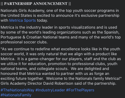 NationalsGA's tweet photo. || 𝐏𝐀𝐑𝐓𝐍𝐄𝐑𝐒𝐇𝐈𝐏 𝐀𝐍𝐍𝐎𝐔𝐍𝐂𝐄𝐌𝐄𝐍𝐓 ||

@NationalsGA, 1⃣of the top youth ⚽️ programs in the United States is excited to announce it's exclusive partnership with @MetricaSports today.

Welcome to the family, Metrica!

#TheNationalsWay #IndustryLeader #ForThePlayers https://t.co/x9xQOWh2jT