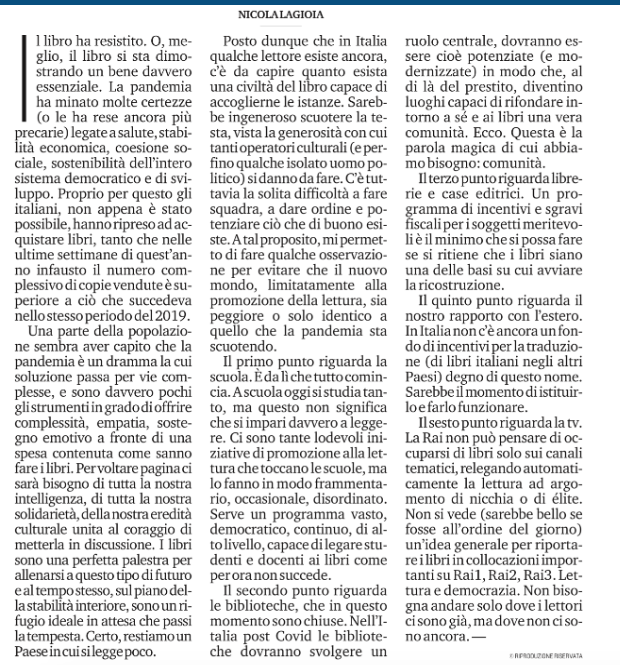NicolaLagioia's tweet photo. Scuola. Biblioteche. Editori. Librai. Fondo per la traduzione. Rai. Sei umili proposte a sostegno della lettura.
Oggi su @LaStampa a corredo dei dati (non scoraggianti) sul libro in tempo di covid. https://t.co/WQaM1WbJBR