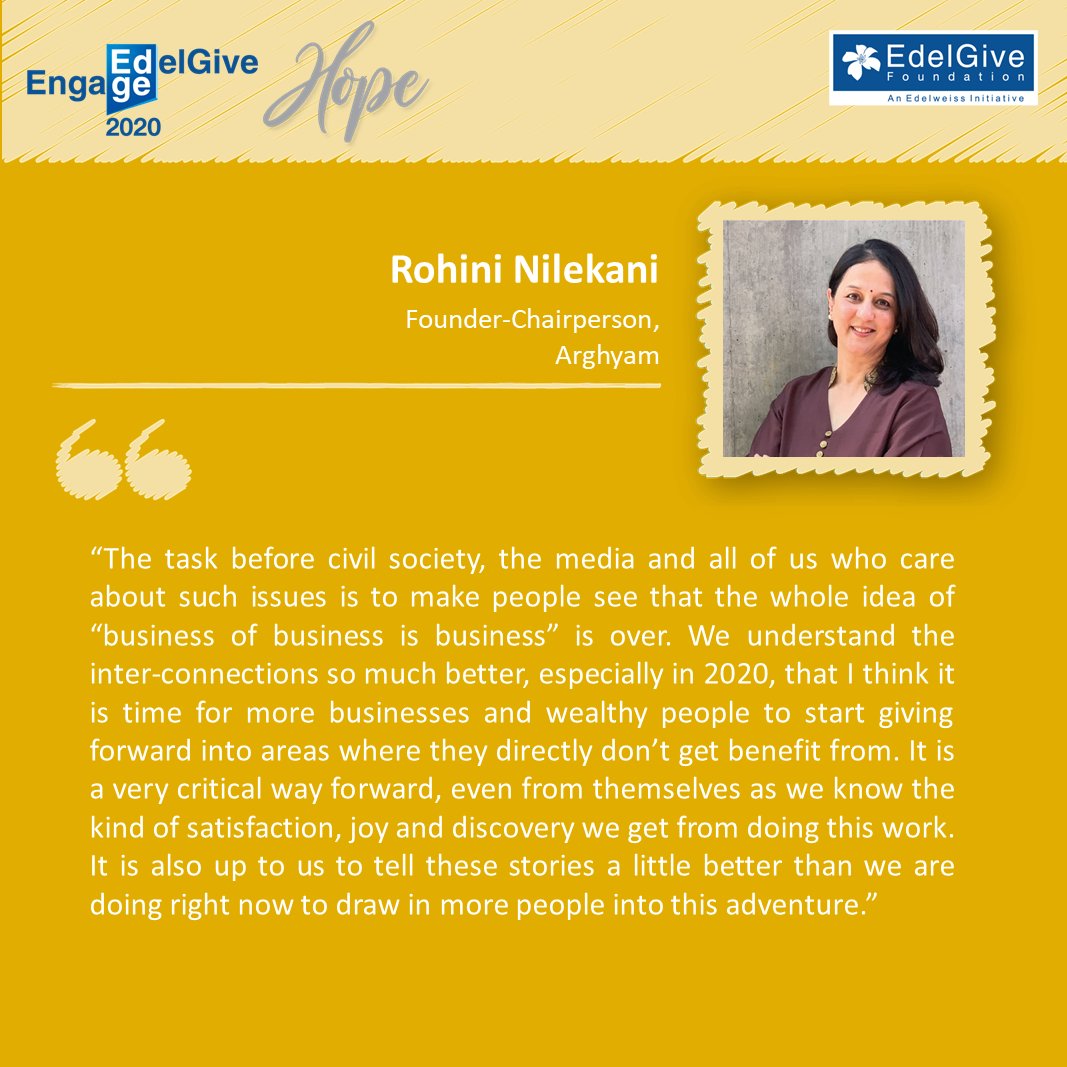 EdelGive's tweet photo. In the final segment of #EDGE2020, Rohini Nilekani shares her thoughts on a selfless approach towards giving without expecting returns and feeling the joy in doing so.
#EdelGive #Hope #womenempowerment #GenderEquality #GenerationEquality #EachForEqual #SDG5 https://t.co/9i2SZijBE7