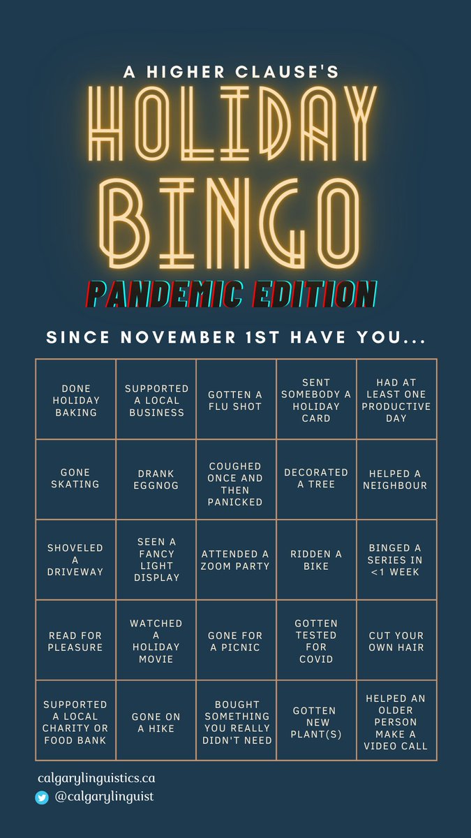 dataLindsay's tweet photo. We won't be celebrating in-person this year, so instead the Ling grad students decided to play holiday bingo! If you want to play along, you have until Dec. 22nd at 9am to send your bingo card to @calgarylinguist. #bingo #ahigherclause #holidaycheer https://t.co/pAiE1DBd2A