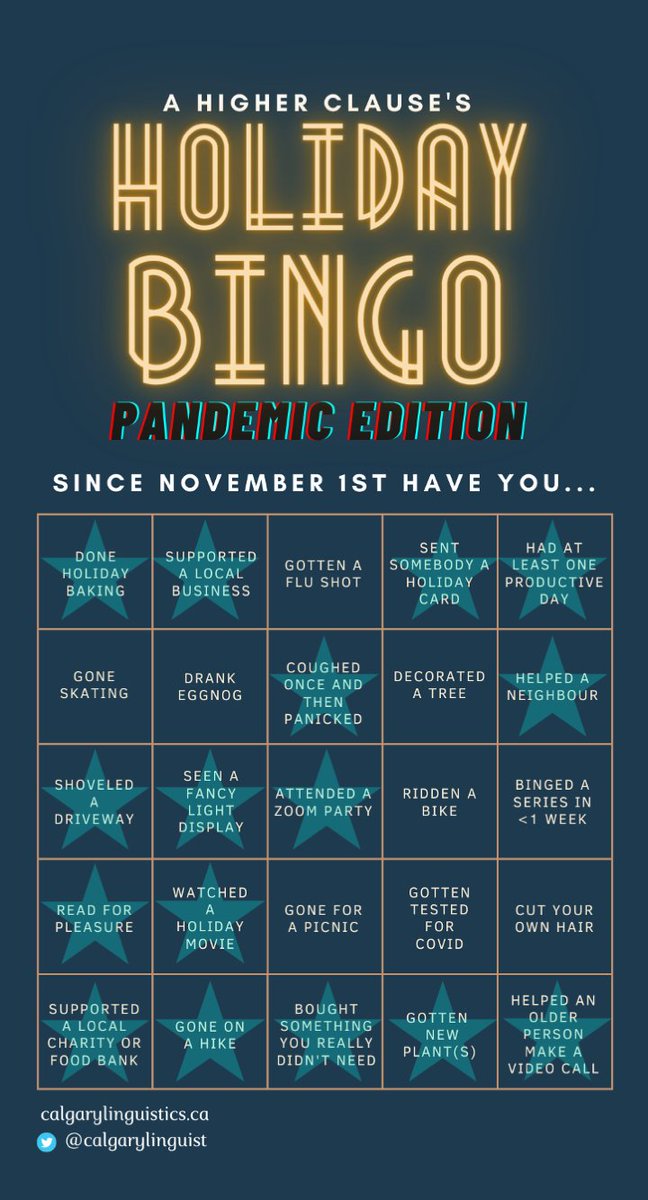 Dr. LD (@datalindsay) on Twitter photo We won't be celebrating in-person this year, so instead the Ling grad students decided to play holiday bingo! If you want to play along, you have until Dec. 22nd at 9am to send your bingo card to <a href="/calgarylinguist/">Calgary Linguistics</a>. #bingo #ahigherclause #holidaycheer We won't be celebrating in-person this year, so instead the Ling grad students decided to play holiday bingo! If you want to play along, you have until Dec. 22nd at 9am to send your bingo card to <a href="/calgarylinguist/">Calgary Linguistics</a>. #bingo #ahigherclause #holidaycheer