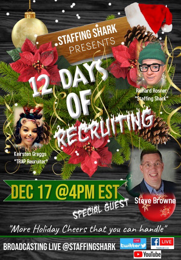 TrapRecruiter's tweet photo. Wrapping up the week w/@sbrownehr!
Tune in LIVE at 4pm EST via @StaffingShark #Facebook #YouTube and #Twitter.
#12DaysofRecruiting https://t.co/R0Y27lpETt