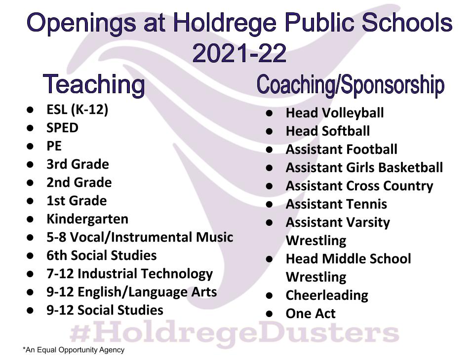 HoldregeDusters's tweet photo. We are looking for qualified candidates to fill the following positions ⬇️.  Holdrege Public Schools is located in central Nebraska. For more information, please click here: https://t.co/P0qP16rpDW…. 

#HoldregeDusters 
#NebEdChat
#edchat
#elemchat 
#ISTEchat
#satchat https://t.co/weUn7HVpxS