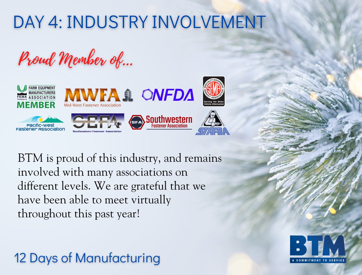 BTMMfg's tweet photo. Day 4 of #12DaysofManufacturing.... relationships are important to us. We are proud members of several industry associations & support industry events.
@Shortliner @MWFA_News @nfdafastener @SEMAMembers @PacWestFastener @SouthWfastAssoc @STAFDAHQ #SoutheastenerFastenerAssociation https://t.co/JHrDkVTu5M