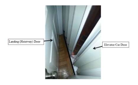 A picture of the space between an in-home elevator car door and the landing (hoistway) door.