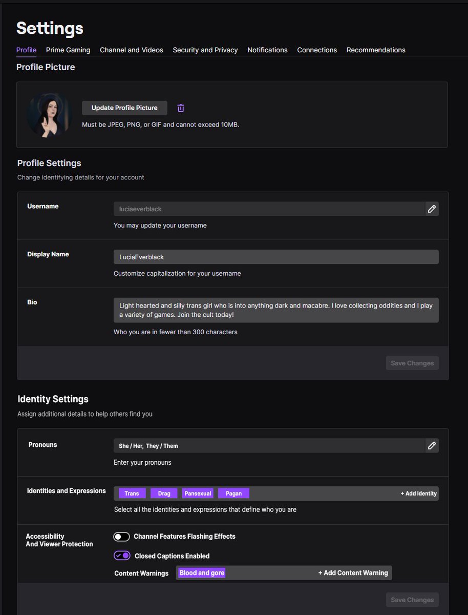 If Twitch could add an Identity Settings section to the profile settings page, I would want it to look like this. You could add identities and expressions (cough  #Transtagwhen cough) , pronouns, and even more robust accessibility flags and content warnings.