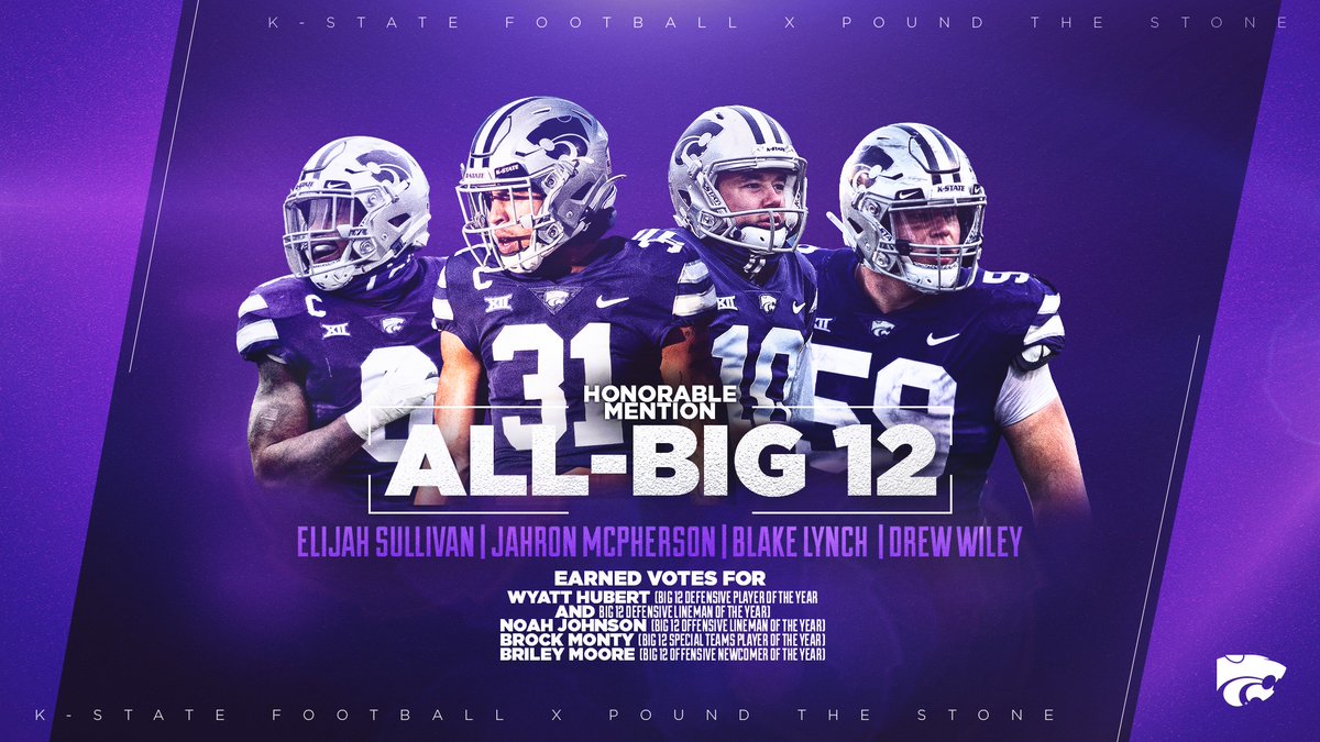 KStateFB's tweet photo. Blake Lynch, Jahron McPherson, Elijah Sullivan and Drew Wiley named Honorable Mention All-@Big12Conference 

📄 https://t.co/0wljjDNnZc

#KStateFB ⚒ https://t.co/VQw0ejuCCs