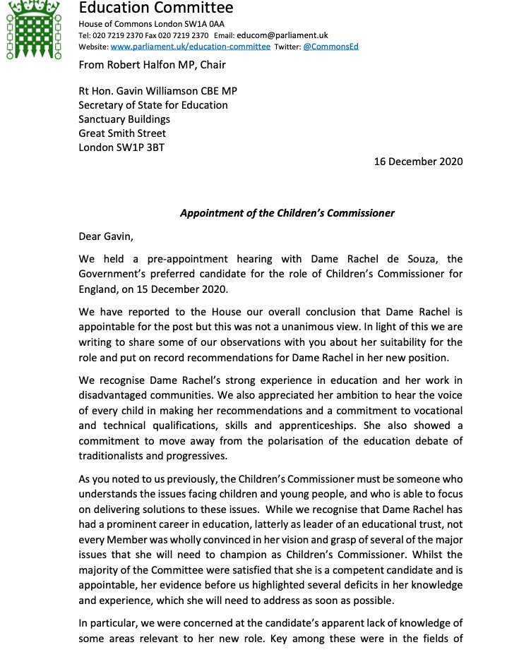 Stunning Letter frm Education Cttee to Education Minister: next Children's Commissioner Rachel de Souza lacked knowledge of children’s social care, fostering&adoption, youth services, youth justice system, child & adolescent mental health, immigration 6/  https://committees.parliament.uk/publications/4044/documents/40360/default/