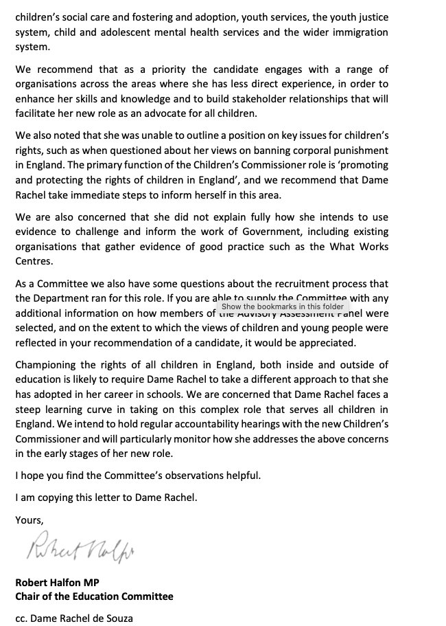 Stunning Letter frm Education Cttee to Education Minister: next Children's Commissioner Rachel de Souza lacked knowledge of children’s social care, fostering&adoption, youth services, youth justice system, child & adolescent mental health, immigration 6/  https://committees.parliament.uk/publications/4044/documents/40360/default/