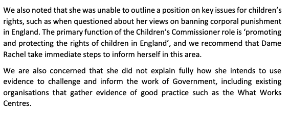 "We also noted that she was unable to outline a position on key issues for  #childrenrights, such as when questioned about her views on banning corporal punishment in England."Education committee on next Children's Commissioner for England Rachel de Souza 7/