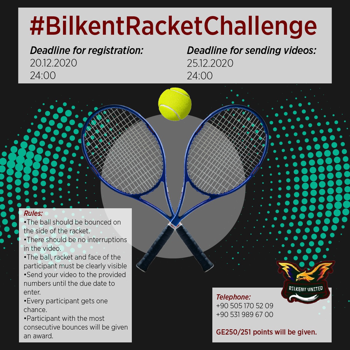 bilkentunited's tweet photo. CHALLENGE ACCEPTED 🎾 Bilkent United olarak #racketchallenge etkinliğimize davetlisiniz. Kuralları belirlenen yarışımızın kazananı büyük ödülün sahibi olacak. İsteyen katılımcılar Sport Center aracılığıyla raket edinebilir ve video çekebilir. Tüm katılımcılara başarılar dileriz. https://t.co/VXqpInoret