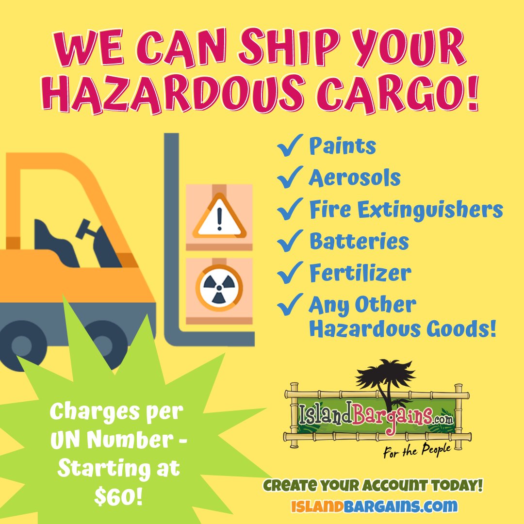 IslandBargains's tweet photo. Did you know Island 🌴 Bargains can ship your hazardous cargo? We have qualified HAZMAT specialists in-house that can prepare your IMO'S/Dangerous Goods Declarations and other requirements needed. Learn more &amp; contact a shipping specialist today: https://t.co/hzEpI3pMUH https://t.co/bbCHNqGYrb
