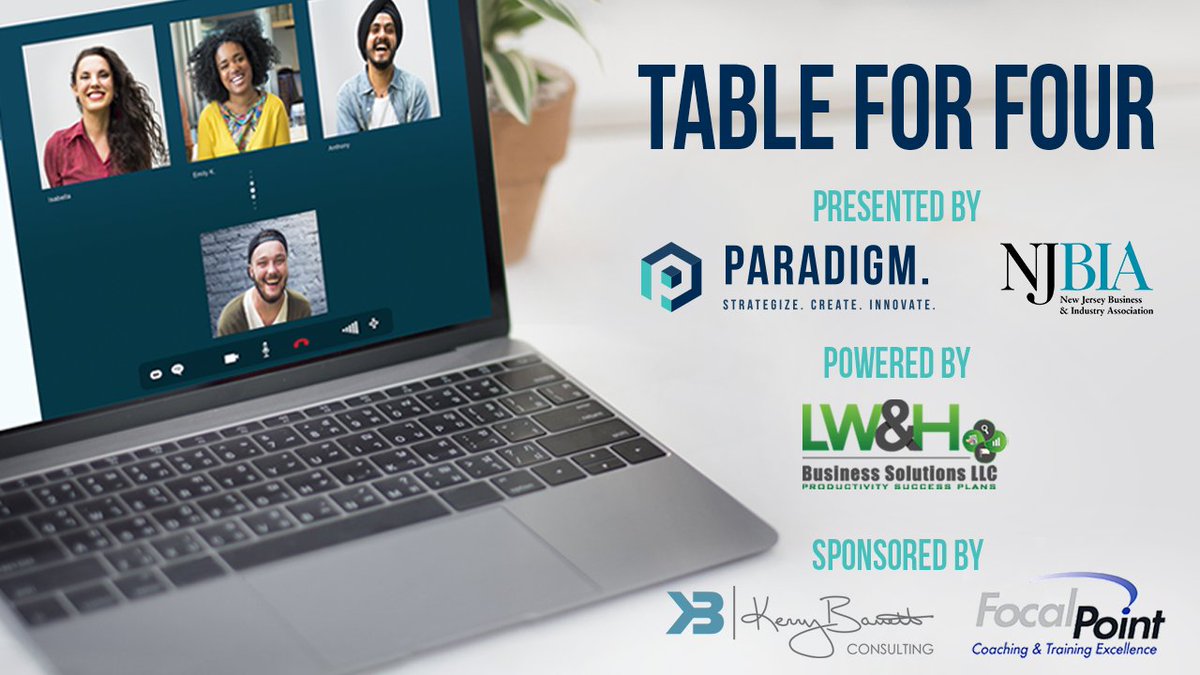 LorenaMoquera2's tweet photo. @NJBIA &amp; @ParadigmMDesign powered by @lwandhllc. Invite you to join our virtual networking event, Table for Four! Every Monday at noon.

Register at: https://t.co/5cwtFwv2eC

Thank you to our sponsors:  @TheReelKerryB  &amp; @FPBusinessCoach https://t.co/dWDaUp3qdX