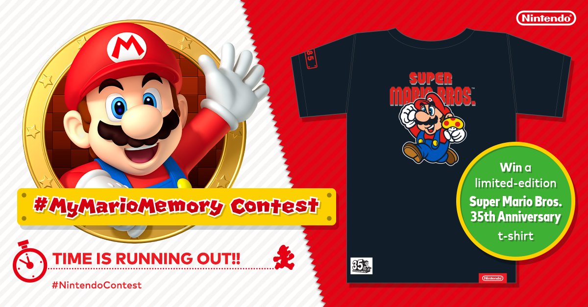 NintendoCanada's tweet photo. Time is running out to enter the #MyMarioMemory contest. Share your favourite Mario Memory by midnight to enter the contest and have a chance to win Super Mario Bros. special edition t-shirt. https://t.co/Swj1Xru09O