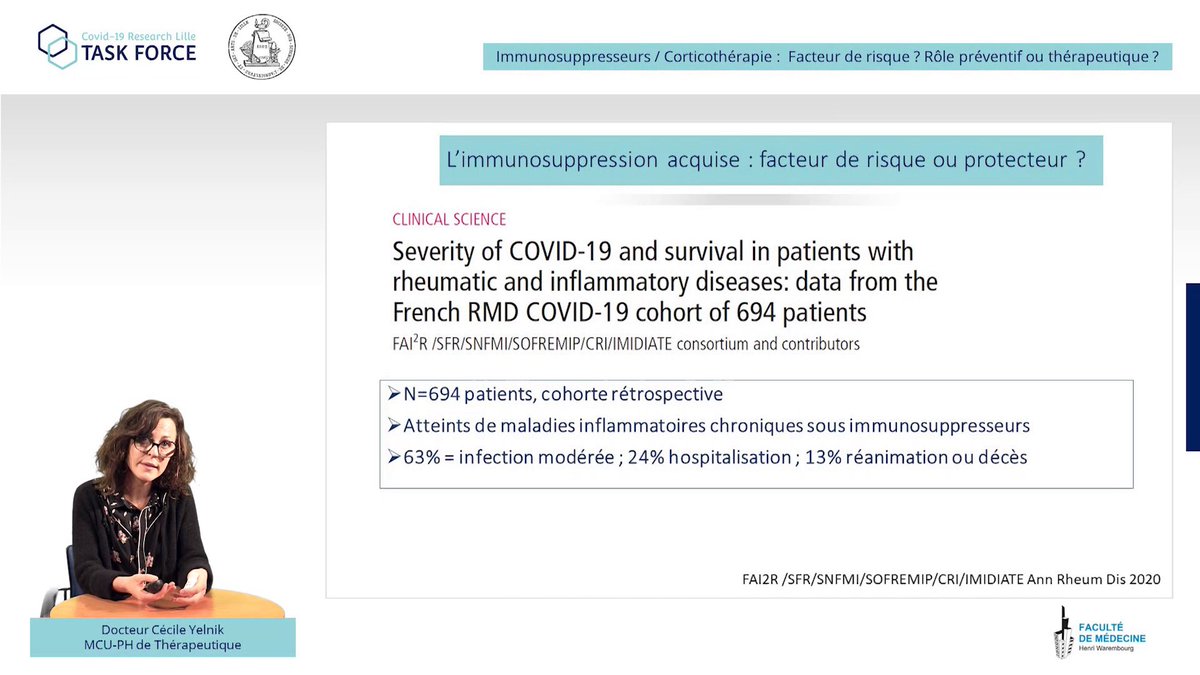 UFR3S_ULille's tweet photo. Ce soir le Docteur Cécile Yelnik @medecine_Ulille @CHU_Lille aborde la question de immunosuppression dans la #COVID19 : facteurs de risque ? Rôle préventif ou thérapeutique ?
#Taskforce #SSAAL
https://t.co/LTUJEdlala https://t.co/weBEIRnSHV