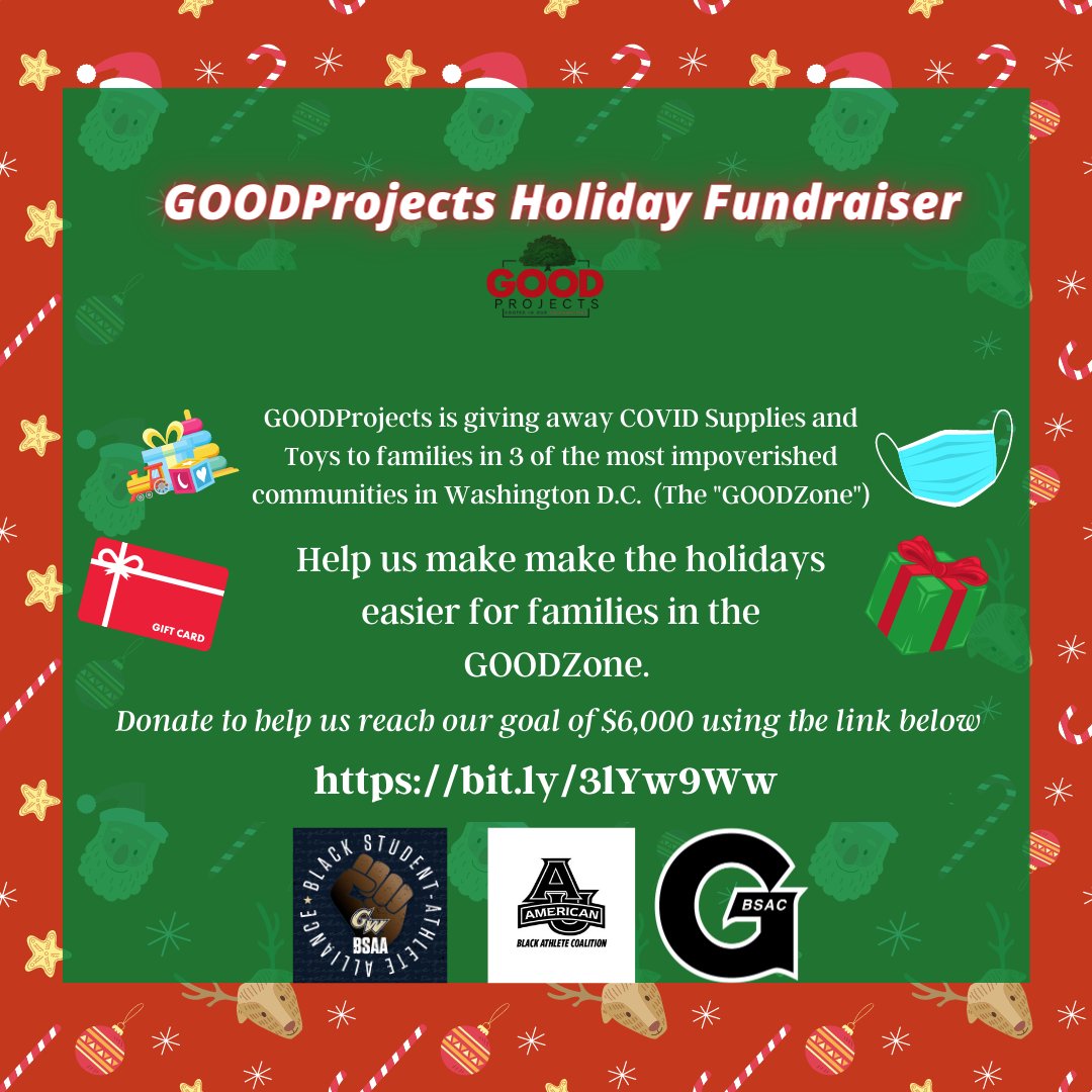 GWsports's tweet photo. The GW BSAA's first fundraiser is a joint effort with Black student-athlete groups at American and Georgetown through @GOODProjectsDC to provide toys and health supplies to D.C. families in need this holiday season.

Donate here: https://t.co/8YRqWWl2hN https://t.co/IpvdyhLBrO