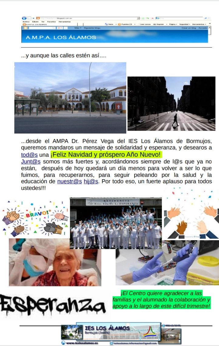 AMPAIESLSALAMOS's tweet image. Desde el @AMPAIESLSALAMOS del @IESLOSALAMOS queremos mandar un mensaje de Solidaridad y Esperanza a toda la Comunidad Educativa de #Bormujos 
FELIZ NAVIDAD!!!
@AytoBormujos @IES_JuanCiudad