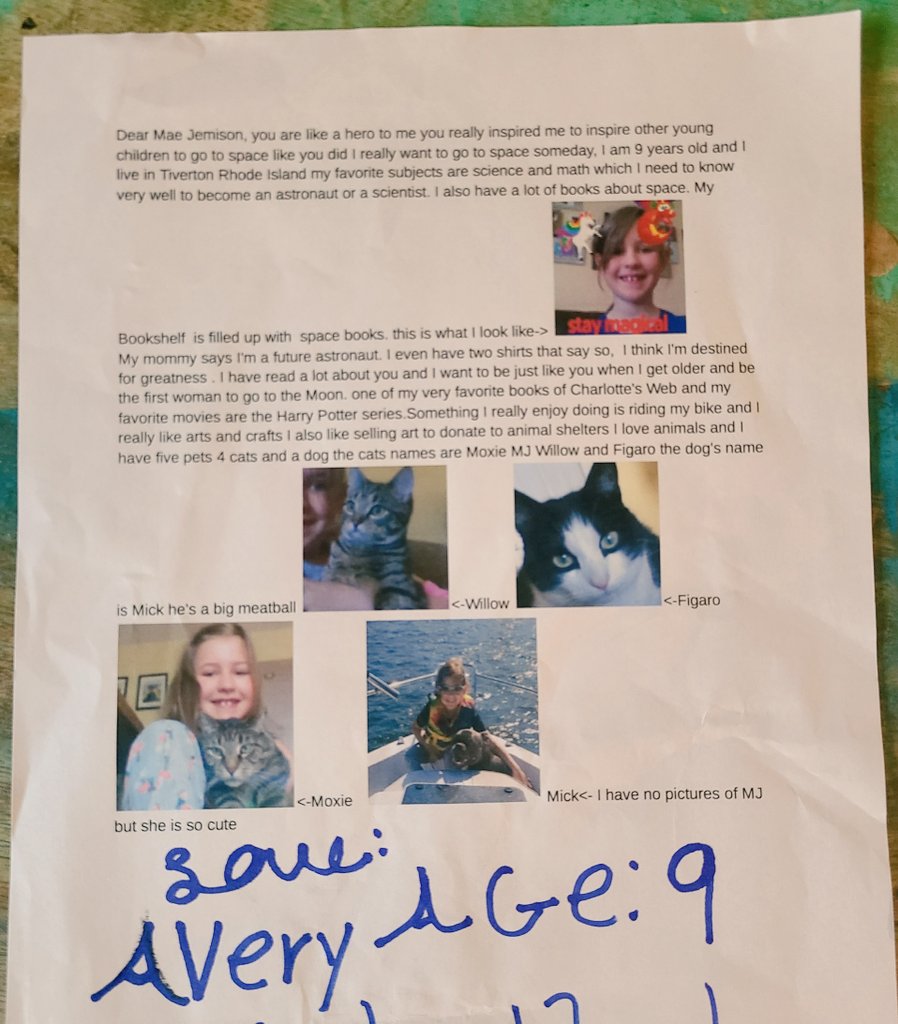 debscavator's tweet photo. My 9-year-old niece read a book about .@maejemison and felt inspired to write a letter to her new hero. Thank you, Dr. Jemison, for your work and the effect that you have on the world. #WomenInSTEM #WomenInNASA https://t.co/s2cFUc3F9x