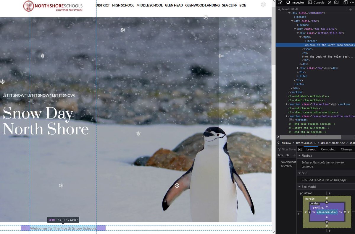 For this year's snow day challenge I decided to 'see' a place that inspires me in a new way... covered in snow!!!

Check out a reimagined, redesigned, wintry website for our district: 

northsnowschools.org

‍❄️🐧💻‍❄️🐧💻
@PeterGiarrizzo
#NorthShoreSnowDayChallenge