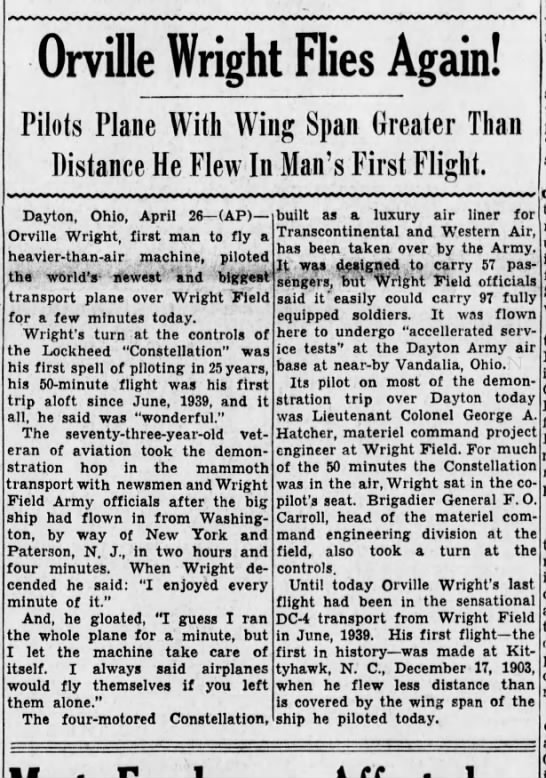 historyfaceapp's tweet photo. Howard Hughes (HF Series 3) piloted Orville Wright’s last airplane flight. The front page including the article about the event and a clipping are attached. #OTD#wrightbrothers https://t.co/M7Mgrwhscg