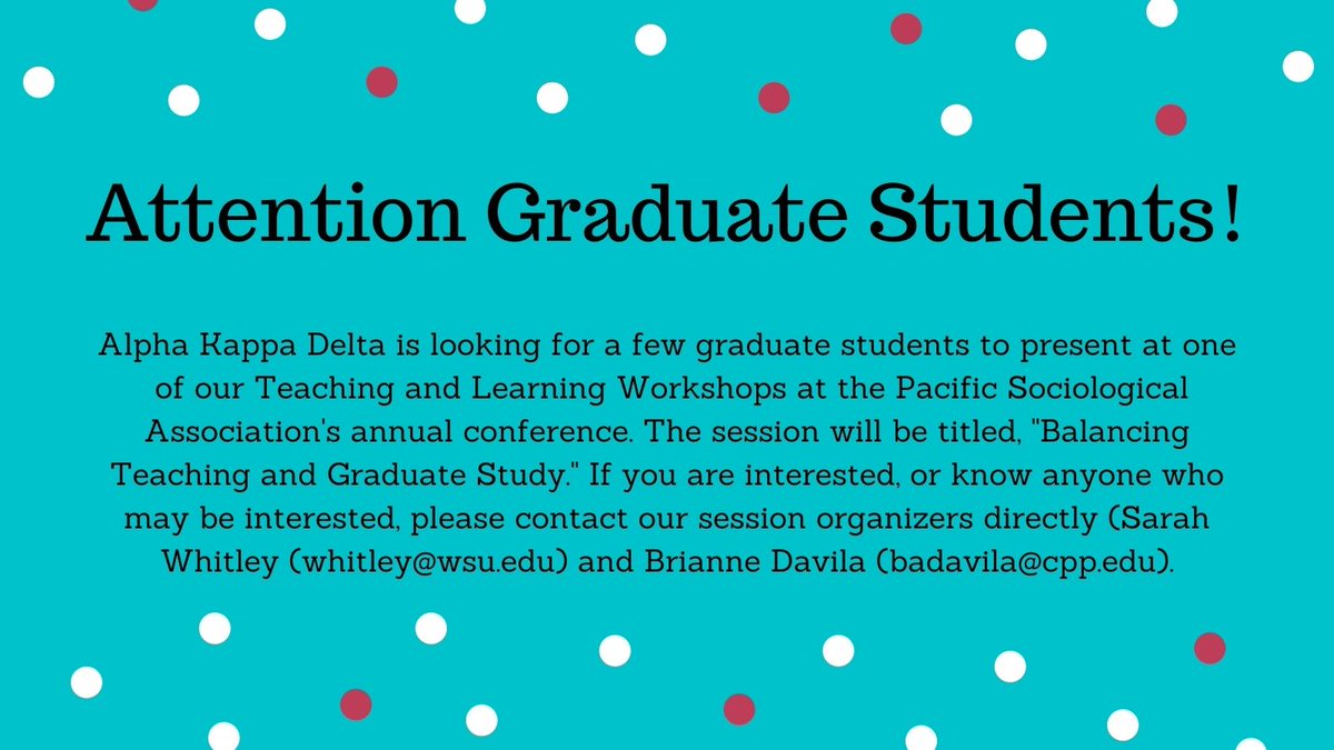AKDHonorSociety's tweet photo. Attention Graduate Students! We are looking for a few individuals to present at an AKD Teaching &amp; Learning Workshop titled "Balancing Teaching and Graduate Study." If you are interested in sharing your ideas and willing to present, please contact our session organizers directly. https://t.co/GkvzwFbrD3