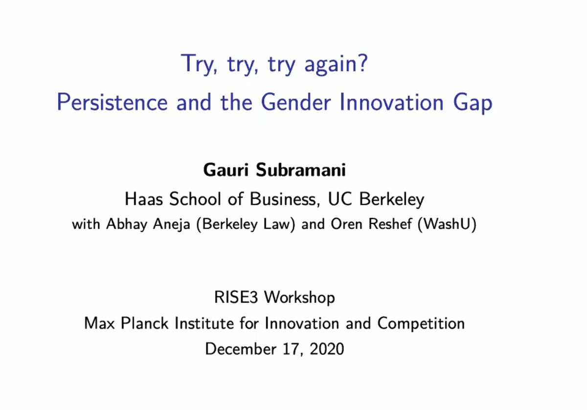 Cris_Rjn's tweet image. What contributes to the under-representation of  #women in #innovation? Research by @gaurisubramani (@UCBerkeley) &amp;amp; co-authors finds gender differences in responses to early patent rejections to be a significant contributor to persisting disparities in the US. #RISE3workshop
