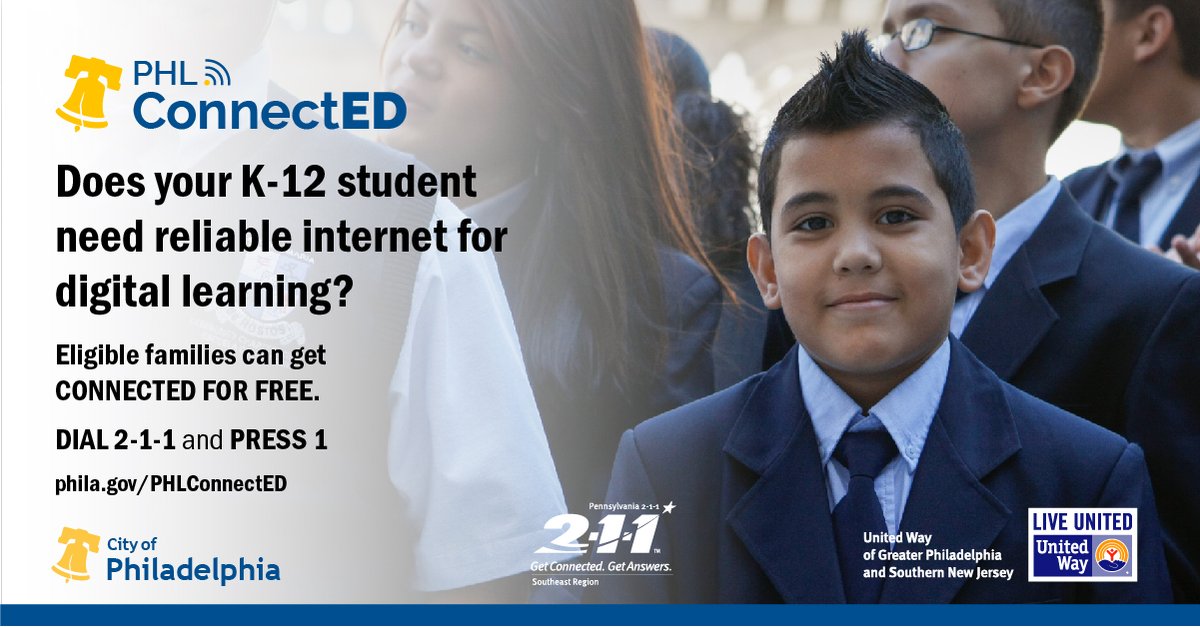 PHLInnovation's tweet photo. This year, we’re grateful for #PHLConnectED, the City’s program to connect K-12 households without reliable internet. Help us continue to connect families this giving season. Spread the word: families can call 2-1-1 and press 1 for English or press 8 for Spanish to learn more. https://t.co/NBTfVfCXP7