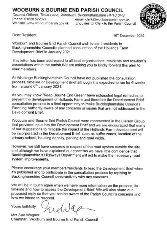 kbegreen's tweet photo. Please see the attached letter from Wooburn &amp; Bourne End Parish Council containing comments and concerns regarding the Hollands Farm Development Brief and their request for all residents to get involved in the Public Consultation when it commenced (tbd in January). https://t.co/edQ0SEZ7NY