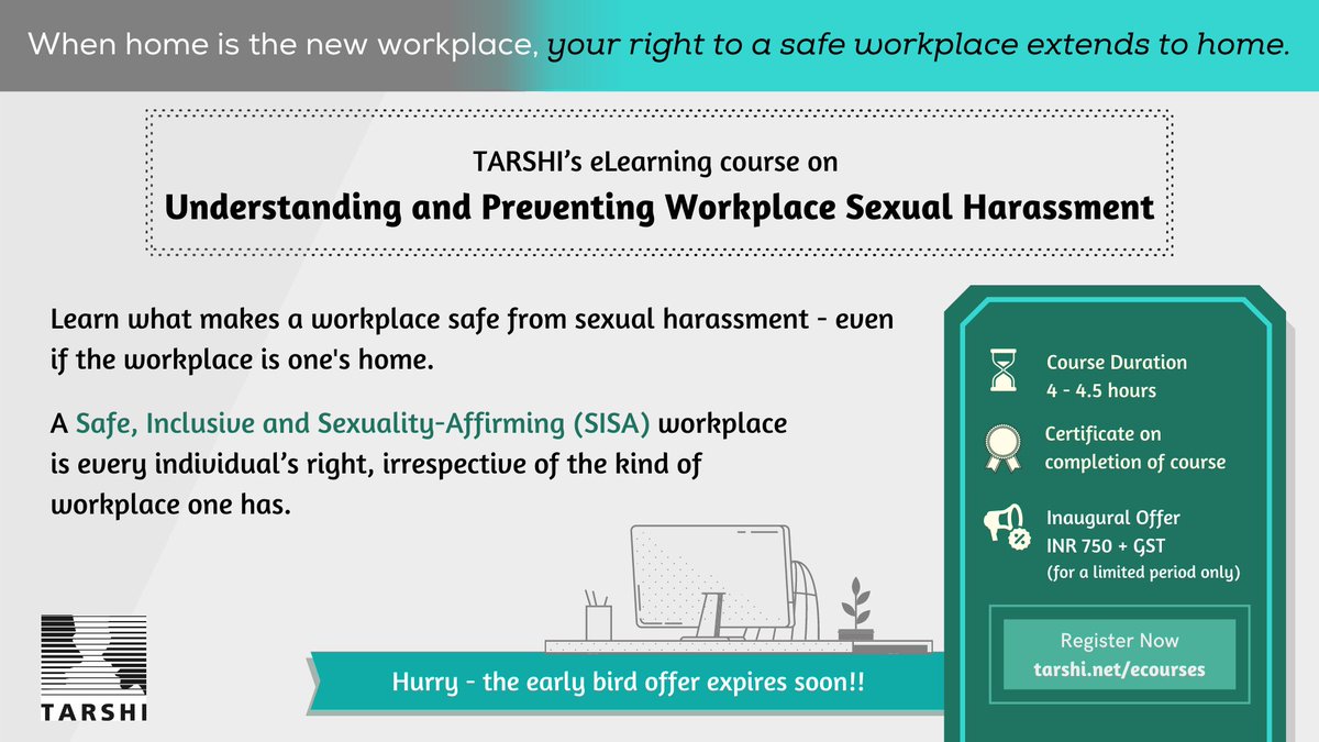 tarshingo's tweet photo. #WFH brought a new set of challenges, including virtual harassment. We all deserve a workplace that actively addresses & prevents incidences of #sexualhrassment. Register today for TARSHI's new eLearning course to learn about your legal entitlements: https://t.co/IRAvPLwnr7 https://t.co/Kw9e3xzK2D