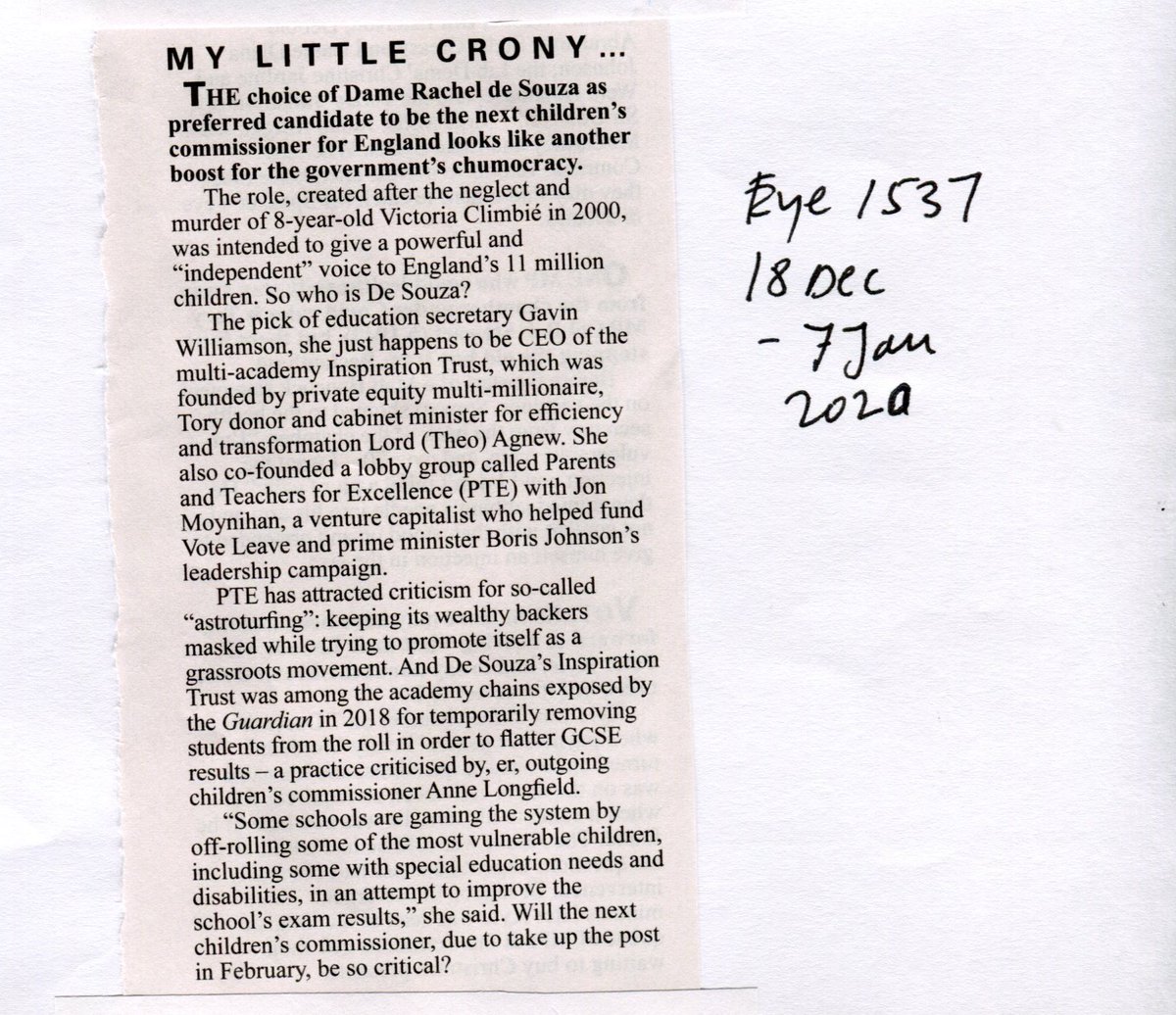 Looks like Dame Rachel de Souza maybe •wasn't• selected as next Children's Commissioner (ahead of all other candidates) for her competence on  #childrensrights.What, then, made her the strongest candidate?a clue, perhaps, on p11  @PrivateEyeNews 8/