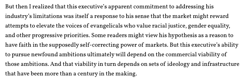 3/ In looking at this a year later, I was glad to see that I emphasized thinking about how evangelical ideologies and infrastructures have created a cultural formation with a foundation that can't be revised easily, and which lives on as media/markets continually transform.