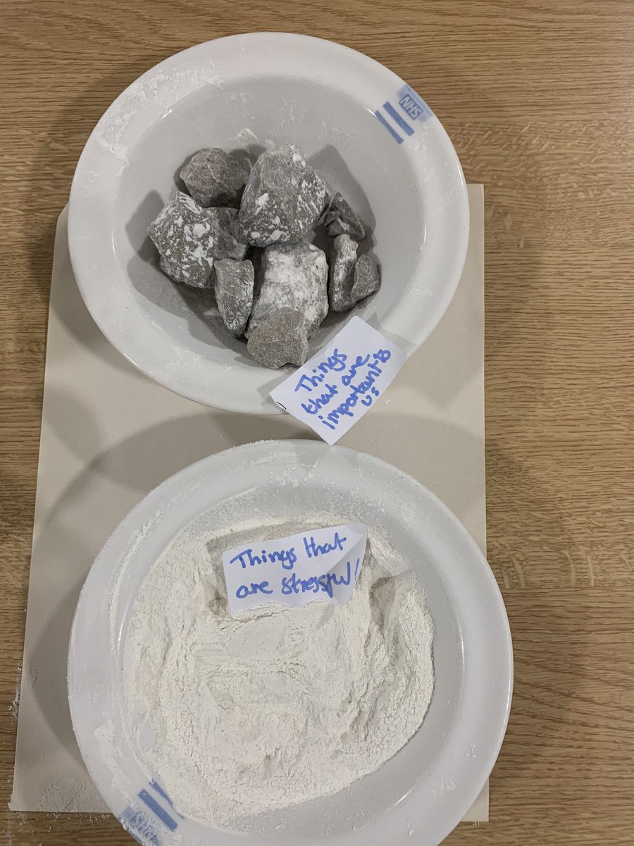 Today we worked on “making space” for our stressors. The flour represented our stressors and the pebbles the things that are important to us.