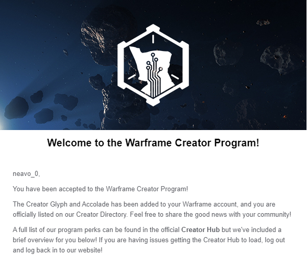 neavo_0's tweet photo. Я понятия не имею как, но всё НАКОНЕЦ ТО!!! #Warframe 
Большое спасибо разработчикам что рассмотрели мою кандидатуру для этой программы! https://t.co/c259UQl9a2