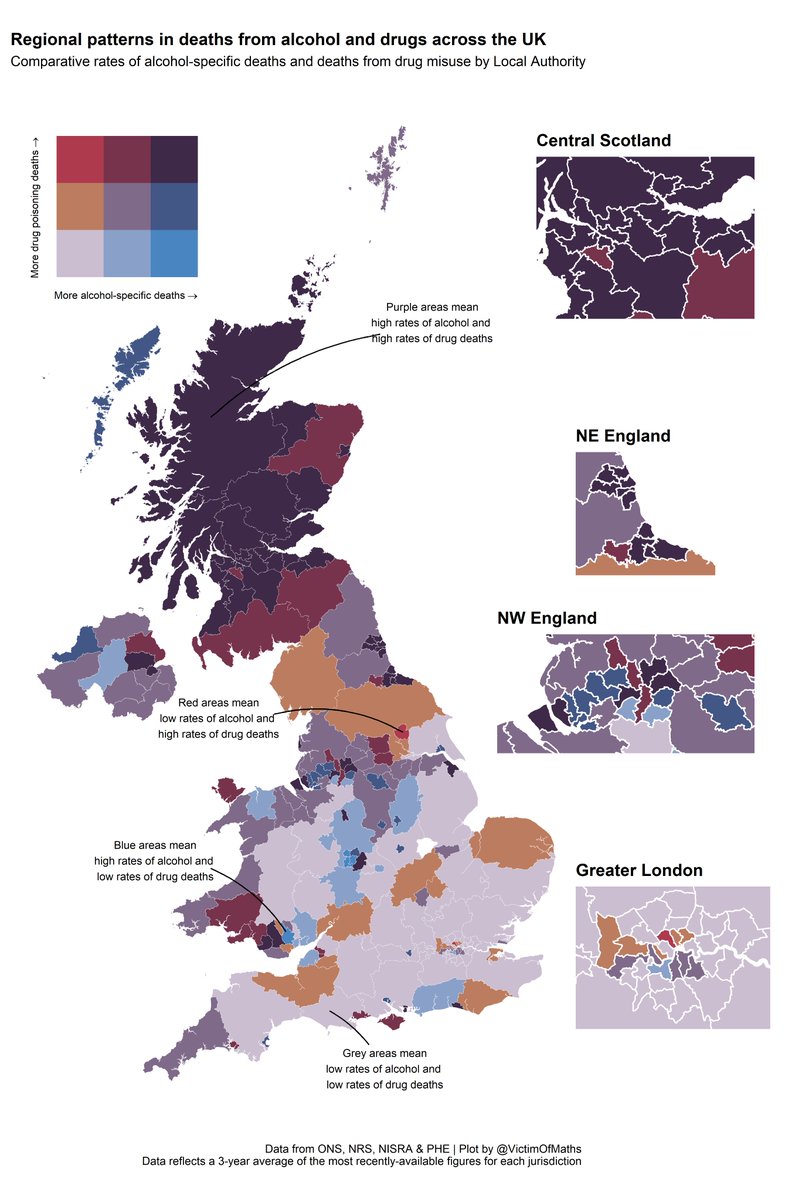 16/ 'Bivariate' maps like this let us compare death rates across both drug-related and alcohol-specific causes.And it isn't pretty for Scotland. Or the NE of England for that matter.