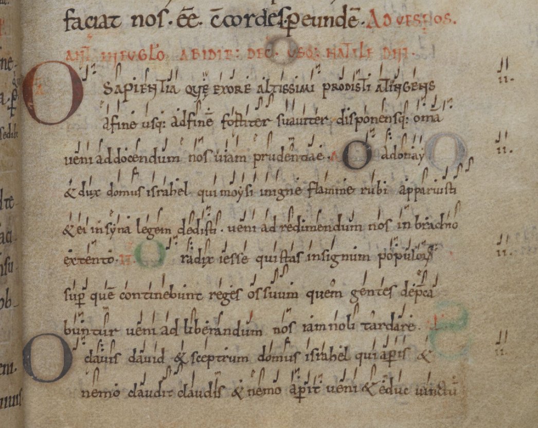 The O Antiphons of Advent in an Anglo-Saxon manuscript, the Leofric Collectar ( http://www.bl.uk/manuscripts/FullDisplay.aspx?ref=Harley_MS_2961 ff.10-10v). These antiphons were already hundreds of years old by the time this manuscript was made in the 11th century, and they'd been known in England since the 8th century.