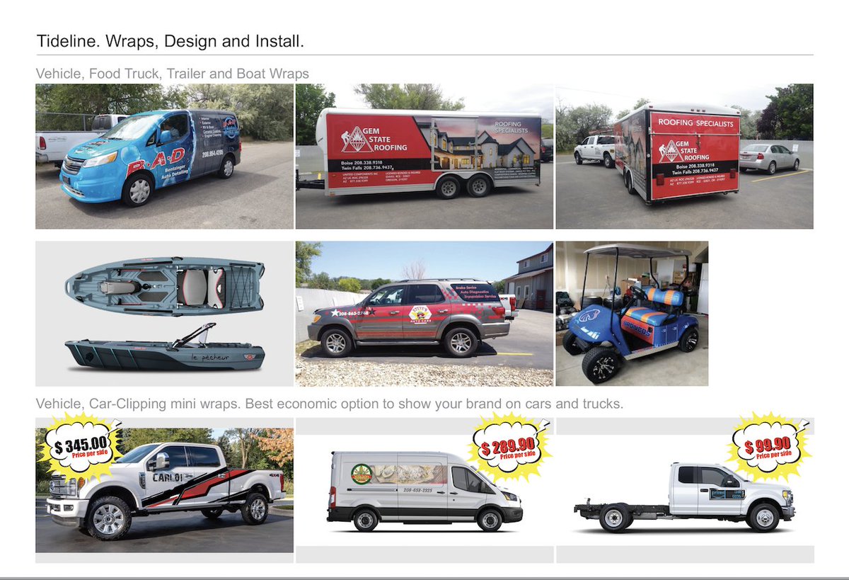 Looking for a fun and effective way to market your company but don't want to pay the $$$ of a full wrap? Call us about custom vinyls. Truck, car, trailer, van, golf cart, even your boat &amp; RV!  You don't have to wrap the whole vehicle to get your message out there &amp; we can help!