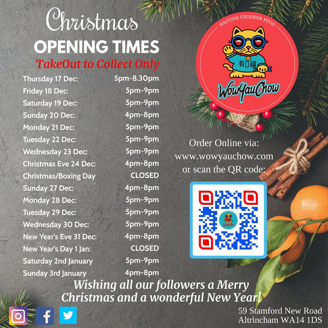 #Christmas #OpeningTimes After picking my soother up from the floor from the Government’s earlier decision to keep Manchester in T3, the team and I are determined to keep on fighting for our survival, our followers and the community that we serve! #ChineseComfortFood #Altrincham