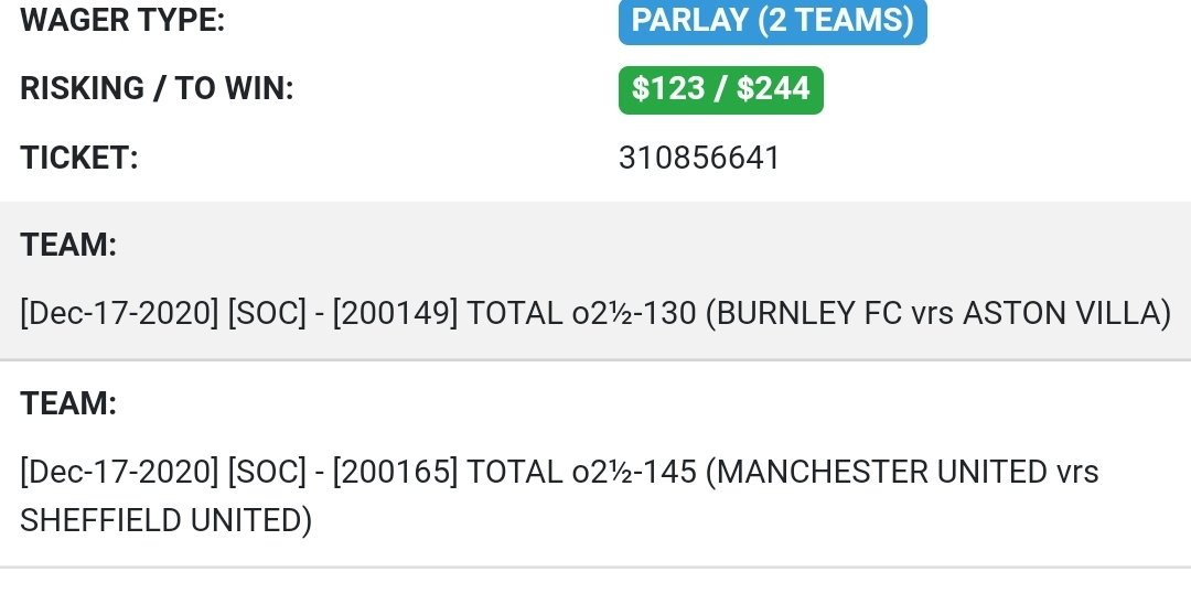 Sharp_Stacks's tweet image. #soccer overs parlay
Just a simple one. Cheer for goals!
#GamblingTwitter #picks #bets #parlays #goals #overs #football #Futbol #footy #ManUtd #burnley #AstonVilla