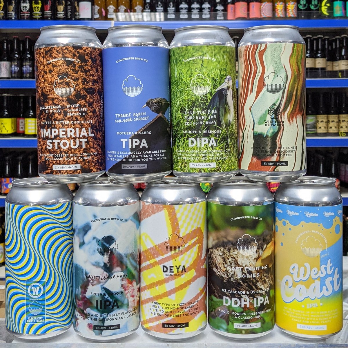 9 Beers @cloudwaterbrew

Persistence Is Utile: Bitter Chocolate Edition II
Triple IPA
DIPA

Big Betty w/ @wildcardbrewery

Electricity Supply Board w/ @thewhitehag

Crystallography - 8% DIPA

I Forgot Your Snapback*w/ @deyabrewery

DDH IPA

West Coast IPA w/ @beerkulture