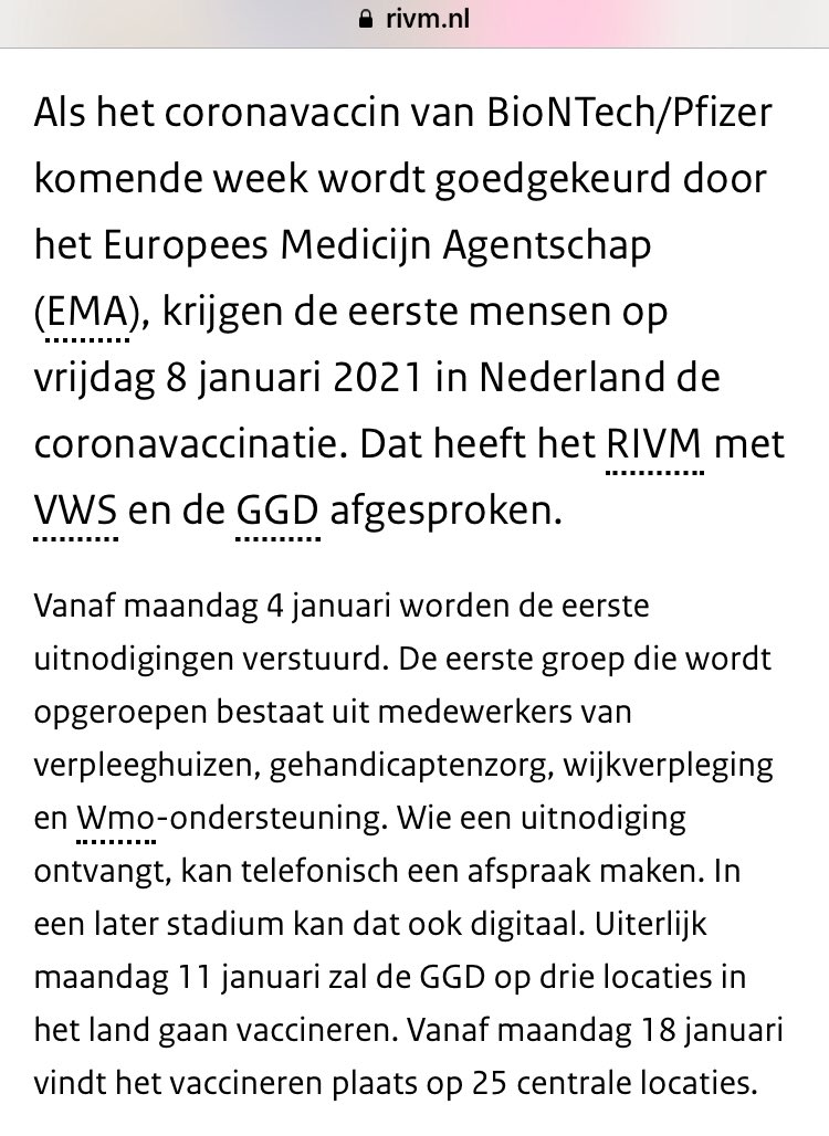 Dutch government now saying first vaccination will be 8 January, with limited rollout from 11th and more locations on 18th. Good news and credit to those getting it done - but still looks painfully slow compared to EU’s announced 28 Dec- and doses limited https://www.rivm.nl/nieuws/eerste-coronavaccinatie-op-8-januari-2021