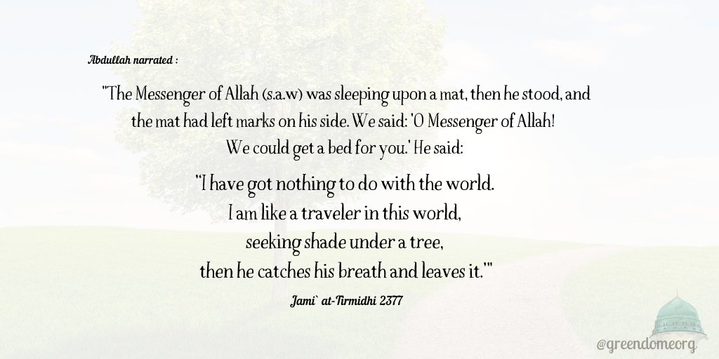 greendomeorg's tweet photo. #hadithoftheday: '‘I have got nothing to do with the world. 
I am like a traveler in this world, 
seeking shade under a tree, 
then he catches his breath and leaves it.'"
Jami` at-Tirmidhi 2377

#readingcontest #whoisMuhammad https://t.co/4acbVQLDKg