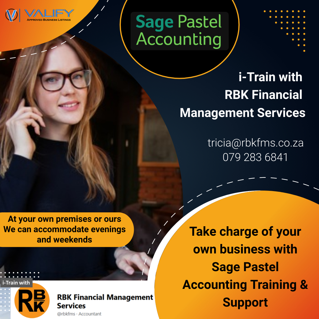 valifyza's tweet photo. i-Train with RBK Financial Management Services - Valify Approved Business. Sage Pastel Accounting Training &amp; Support. tricia@rbkfms.co.za | 079 283 6841 #valify #valifyapproved #businesslisting #supportlocal #smallbusiness #proudlysouthafrican #marketing #success #OnlineMarketing https://t.co/txcoTcVviO