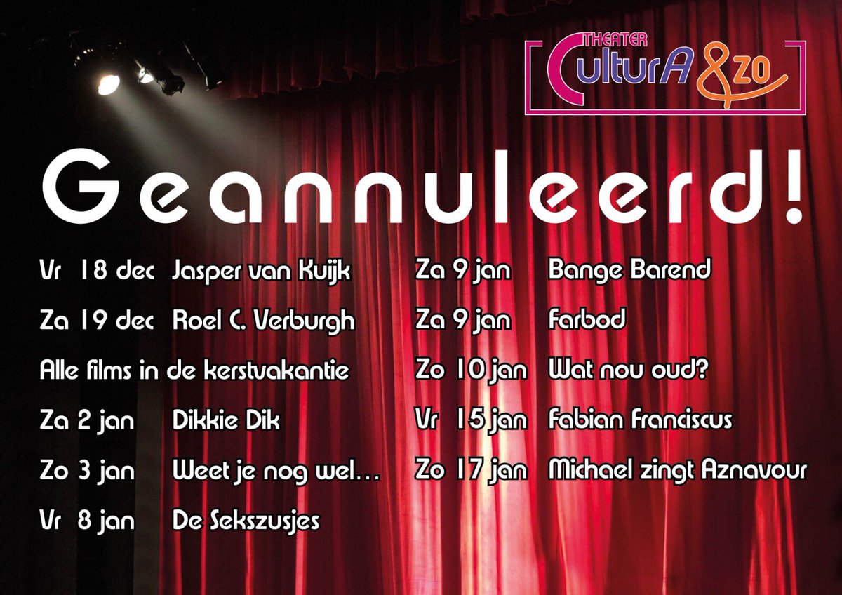Ook wij zijn dicht tot 19 januari. Dat betekent dat onze voorstellingen en films niet doorgaan. De bezoekers tot en met 31 december hebben al bericht gehad. De bezoekers van voorstellingen tot en met 19 januari volgen zo snel mogelijk. We boeken iedereen gewoon opnieuw!