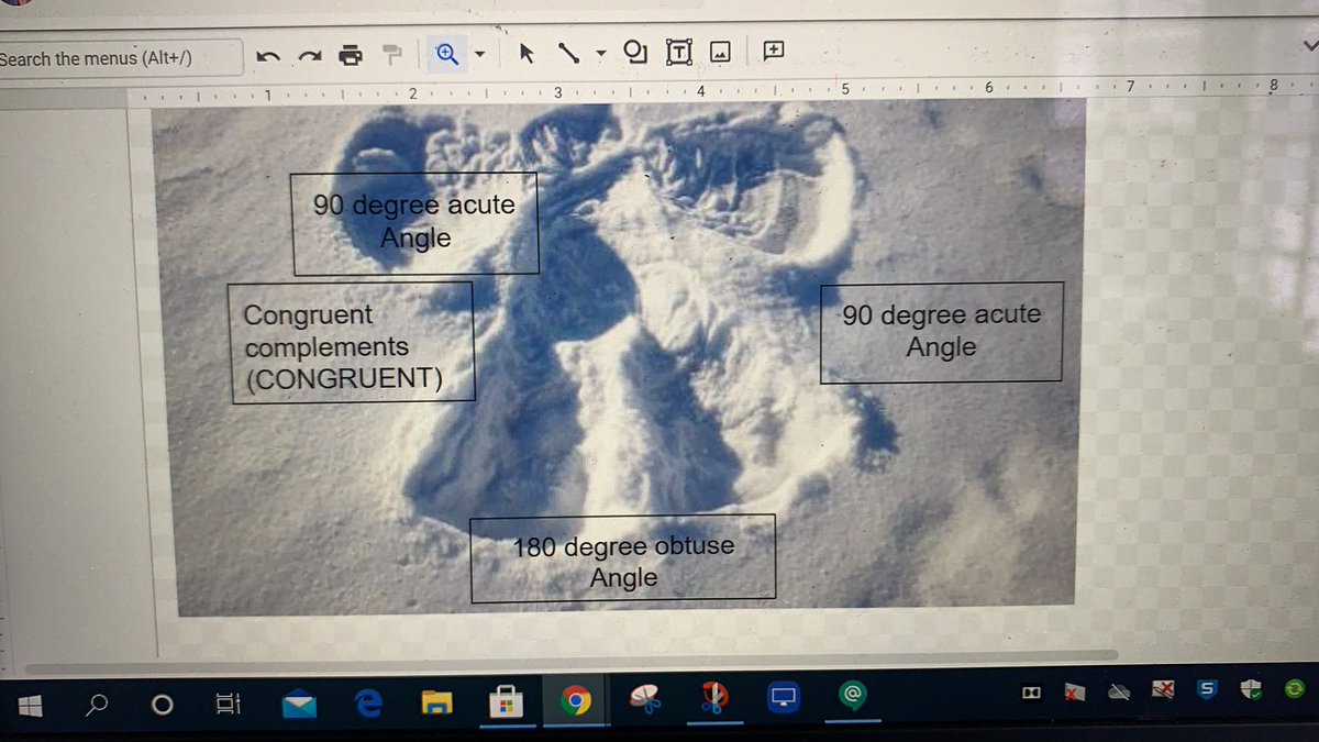 Ms_Melko's tweet photo. Today is a remote learning day. I wanted to balance remote learning with enjoying the snow day atmosphere. Asked students to make Geometry “SnowAngles” . Asked them to enjoy the weather and make snowangel  and identify the angles in picture . #MTBoS https://t.co/ARZpWaBzX1