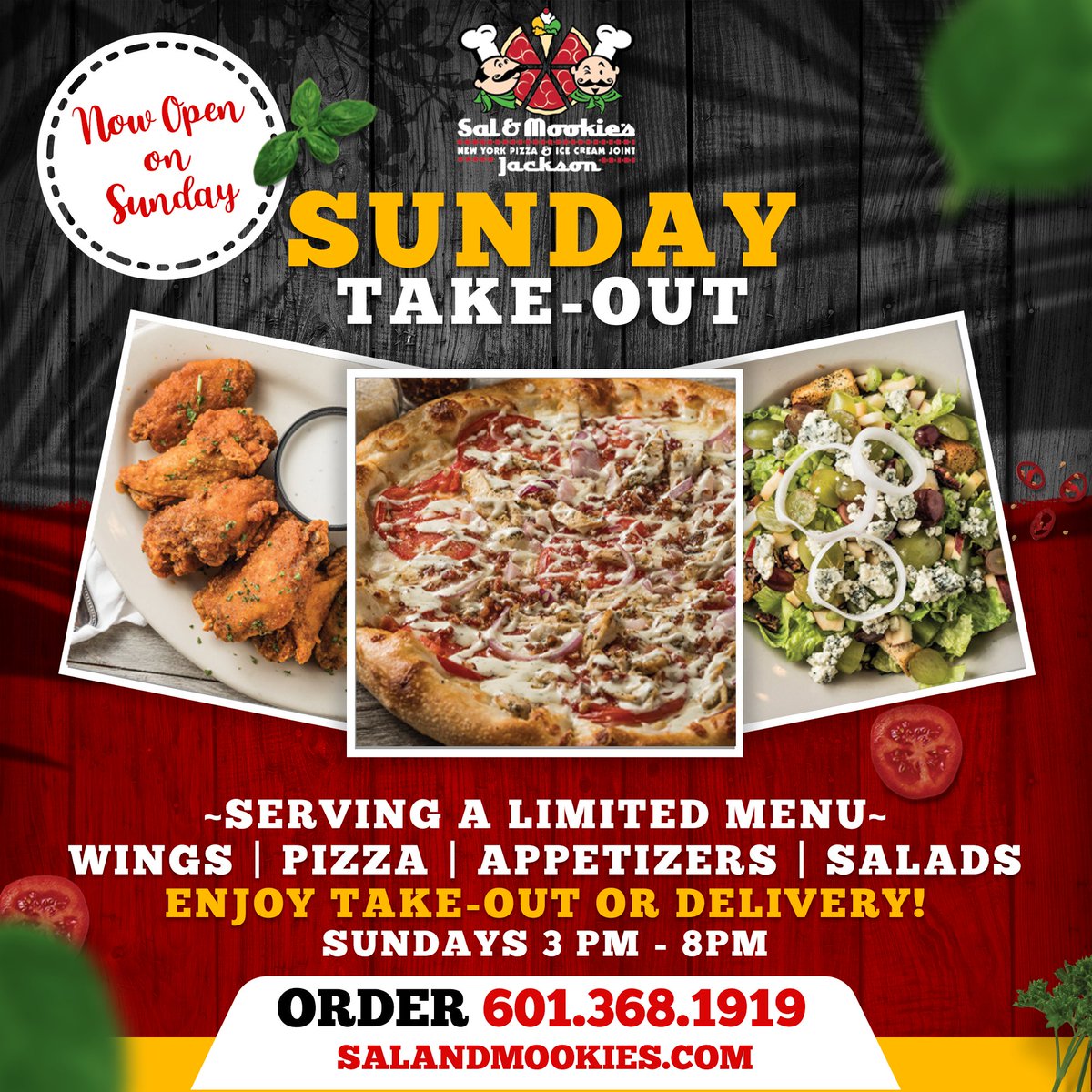We just can't say it enough!! Sundays have returned to Sal &amp; Mookie's! Join us this Sunday for Take-Out Sunday! We will have your favorite pizzas, wings, appetizers, and salads available for take-out and delivery!  Order online at salandmookies.com or call in 601.368.1919