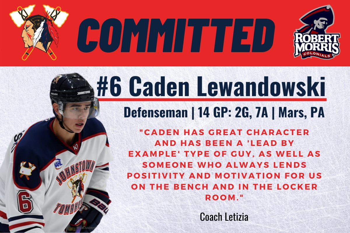 🚨COMMITTMENT ANNOUNCEMENT!🚨

Defenseman Caden Lewandowski has committed to play Division I hockey at Robert Morris University. Congratulations, Caden! 

johnstowntomahawks.com/mars-pa-native…